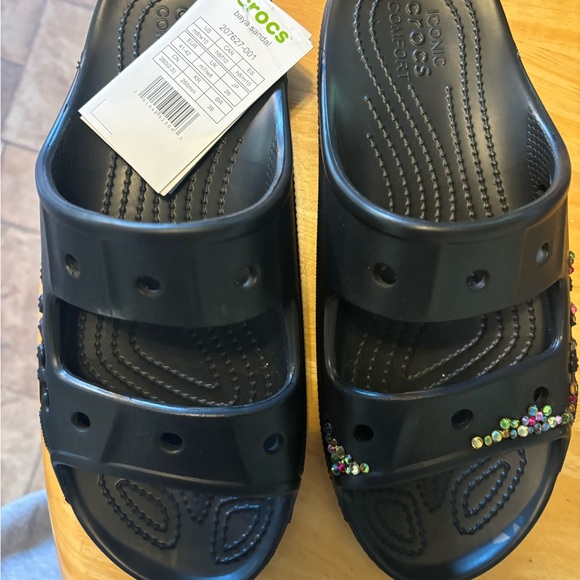 Hand Bedazzled black and multicolor rainbow rhinestone Croc slides. - Picture 3 of 4